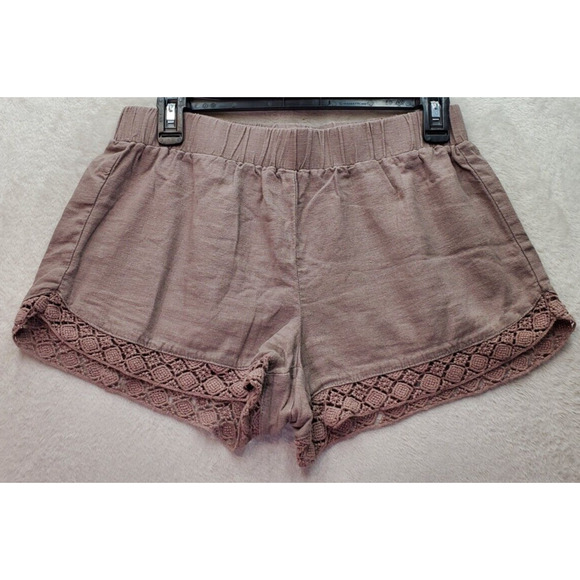 Aéropostale Bermuda Shorts Women Size Medium Brown Lace Trim Linen Elastic Waist - Picture 1 of 6